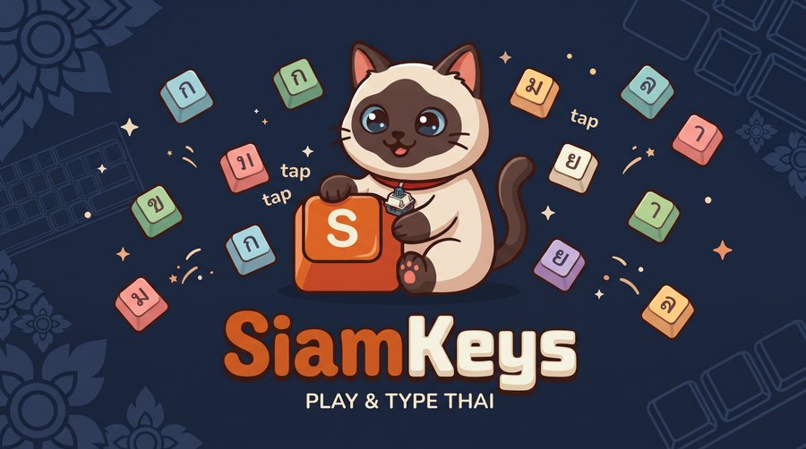 SiamKeys – Play & Type Thai: a Siamese cat tapping colorful Thai keycaps